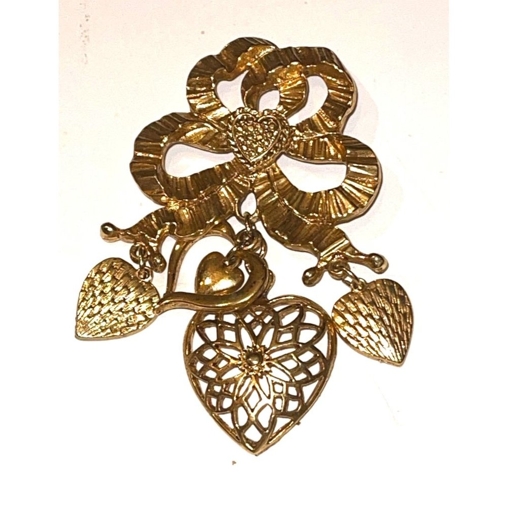 Heavy Duty Gold Tone Large Brooch Funky Geometric Pattern Heart Charms